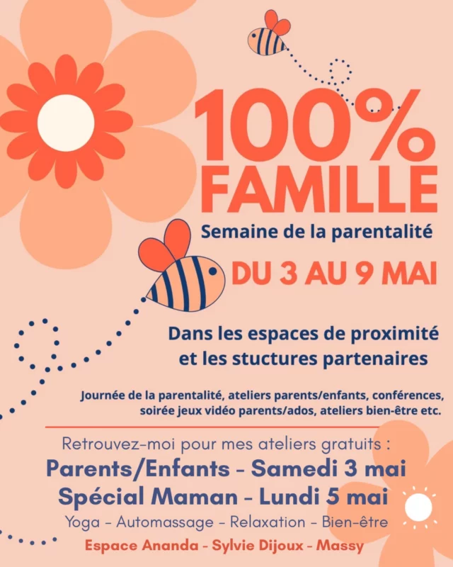 📍 On se donne rendez-vous à Massy ? 🌟
J’ai le plaisir de vous annoncer que je participe à ce très bel événement 💫 
Venez me retrouver ou me découvrir durant différents ateliers gratuits, que j’animerai avec cœur et enthousiasme 💖
⠀
👨‍👩‍👧‍👦 BIEN-ÊTRE PARENTS/ENFANTS à l’Espace Liberté
Un moment complice à partager en duo, pour se reconnecter à son corps et à son enfant dans la joie et la sérénité 🌿😊
✨ Éveil corporel ludique et en douceur
🤲 Automassage pour découvrir le plaisir de se détendre ensemble
🌬 Techniques de relaxation simples à refaire à la maison
🤝 Temps de calme et de respiration partagée pour renforcer le lien parent-enfant
🛠 Des outils accessibles et bienveillants pour apaiser les tensions, cultiver la détente et favoriser l’équilibre au quotidien... tout en s’amusant 🎈
⠀
🕒 Horaires selon les âges – Samedi 4 mai :
14h–15h : Parents/enfants de 5 à 7 ans
15h30–16h30 : Parents/enfants de 8 à 10 ans
17h–18h : Parents/enfants de 11 à 13 ans
⠀⠀
🌸 BIEN-ÊTRE DES MAMANS à l’Espace Lino Ventura (2 place Saint Fiacre)
📆 Lundi 5 mai
🕥 10h30 à 11h30 et de 15h à 16h
⠀
Offrez-vous une parenthèse de douceur rien que pour vous 💆‍♀️
Cet atelier est une invitation à ralentir, respirer, et vous reconnecter à votre corps dans la bienveillance 🌺
🌞 Routine du matin pour bien démarrer la journée
🌙 Routine du soir pour libérer les tensions accumulées
😂 Yoga du rire pour relâcher le mental et retrouver de la légèreté
🤲 Automassage pour apaiser le corps et retrouver une sensation de détente profonde
⠀
Un moment pour souffler, relâcher la pression et prendre soin de vous, parce que vous le méritez pleinement 💝
⠀
🌟 Hâte de partager ce moment avec vous !
📌 Places limitées - inscription recommandée pour garantir votre participation.
🎁 Ateliers gratuits offerts par la Ville de Massy
📲 Rdv sur leur instagram 👉 @generationmassy
⠀
🧘‍♀️ Avec tout mon cœur,
Sylvie Dijoux
⠀
#Massy #BienÊtre #AteliersGratuits #ParentsEnfants #MamanZen #Bienveillance #Relaxation #ÉveilCorporel #Automassage #LienParentEnfant #RespirationConsciente #YogaDuRire #MassyVille #SylvieDijoux #SeReconnecter #PauseDouceur #FamilleZen #AteliersBienÊtre #EspaceAnandaMassy